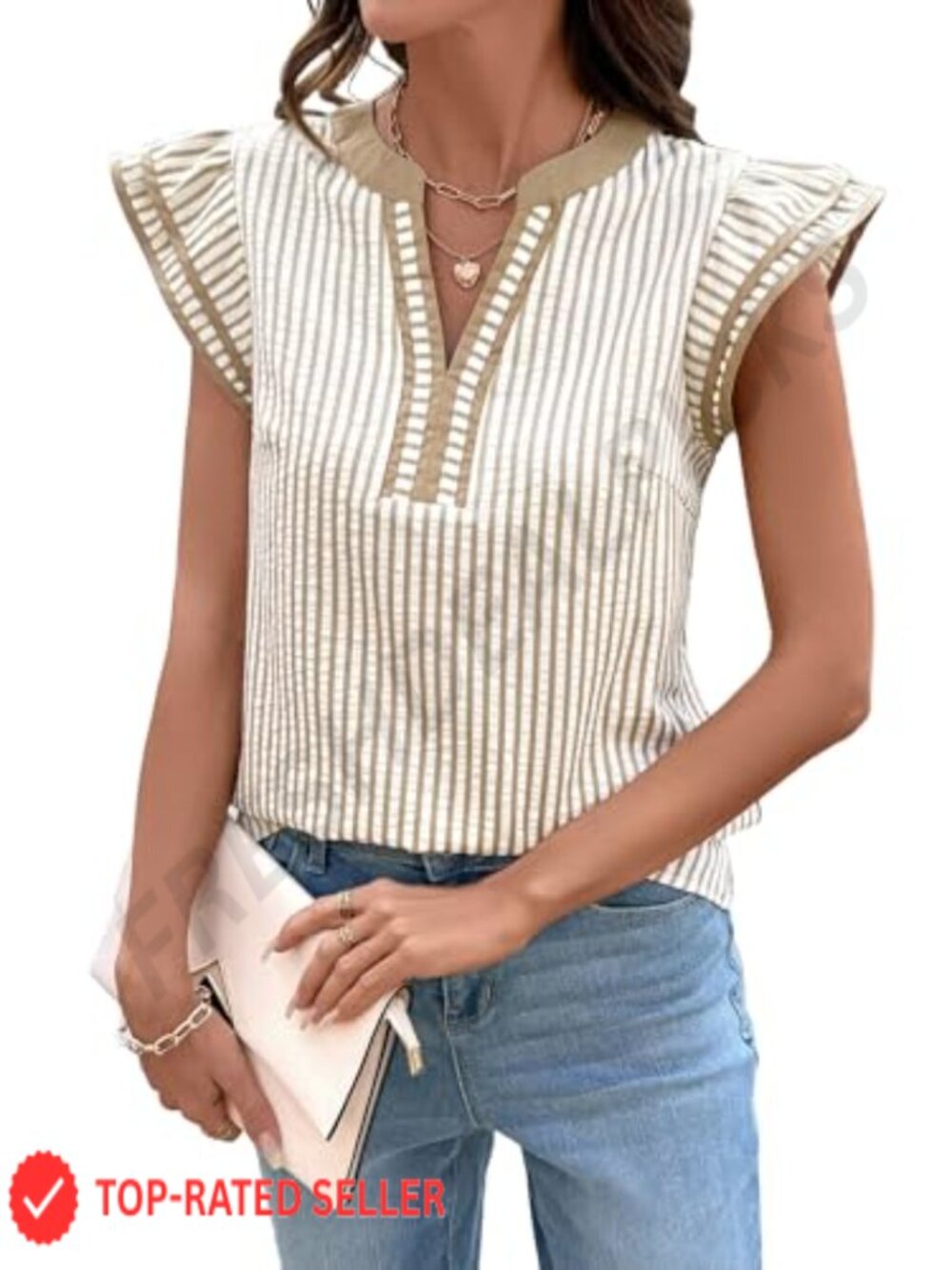 Womens V Neck Short Sleeve Striped Blouse Loose Fit Casual Summer Top